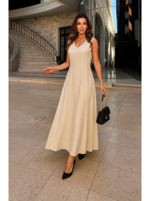 Kadın Kolsuz V Yakalı Maksi Boy Ithal Keten Elbise