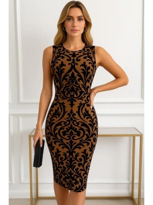 Kadın Kolsuz Yarı Balıkçı Yaka Desenli Dalgıç Elbise