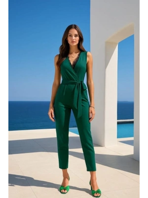 Kadın Kruvaze Yaka Dantel Güpür Ve Kuşak Detay Tulum