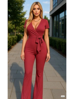 Kadın Kruvaze Yaka Kısa Kollu Kuşaklı Tulum