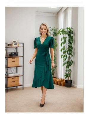 Kadın Kruvaze Yaka Midi Boy Kuşaklı Krep Elbise 120 Cm