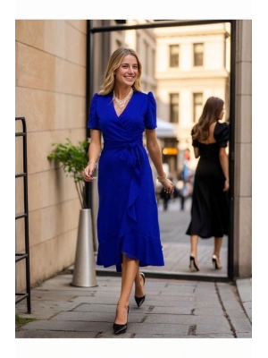 Kadın Kruvaze Yaka Midi Boy Kuşaklı Krep Elbise 120 Cm