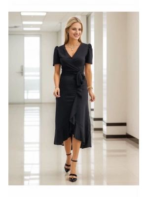 Kadın Kruvaze Yaka Midi Boy Kuşaklı Krep Elbise 120 Cm