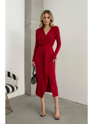 Kadın Kruvaze Yaka Önü Kuşaklı Drapeli Midi Elbise