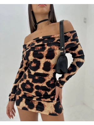 Kadın Madonna Mendil Yaka Leopar Desen Mini Elbise