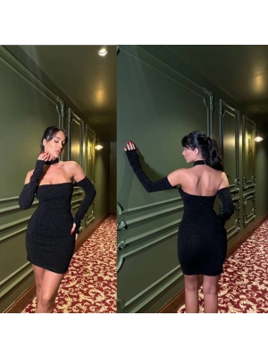 Kadın Madonna Yaka Simli Flower Kumaş Mini Elbise