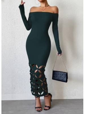 Kadın Madonna Yaka Uzun Kollu Lazer çiçek Kesim Detaylı Uzun Ithal Krep Elbise