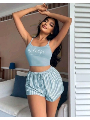 Kadın Mavi Çizgili Desenli Askılı Şortlu Pijama Takım 5001