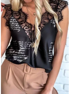 Kadın Mektup Desenli Dantel Detaylı Mikro Kumaş Bluz