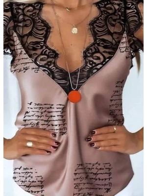 Kadın Mektup Desenli Dantel Detaylı Mikro Kumaş Bluz