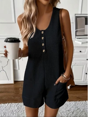 Kadın Omuz Askılı önden Düğmeli Waffle Kısa Tulum