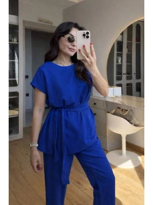 Kadın Omuz Detay Kuşak Dahil Bluz Ve Pantolon Keten Kumaş Ikili Takım