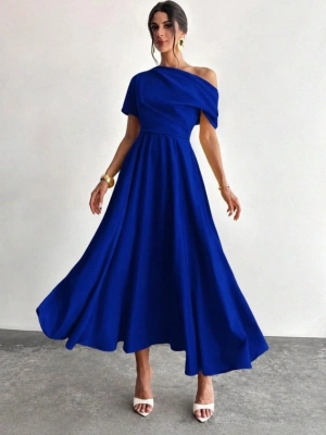 Kadın Omuzdan Açık Kısa Kollu Omuzdan Pileli Uzun Janjan Krep Elbise