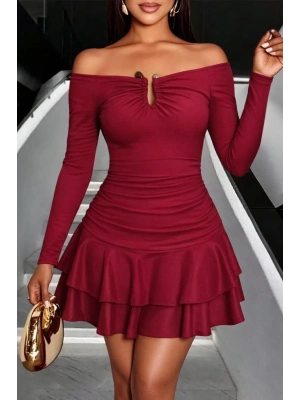 Kadın Omuzlardan Açık Belden Saran Büzgülü Etek Ucu Volanlı Dalgıç Mini Elbise