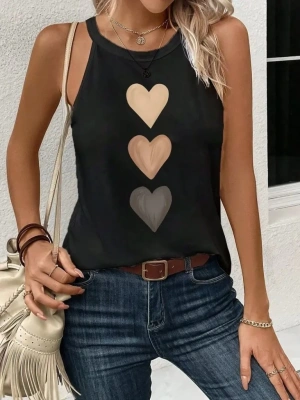 Kadın Omuzlardan Açık Boyundan Askılı Kalp Baskılı Viskon Bluz