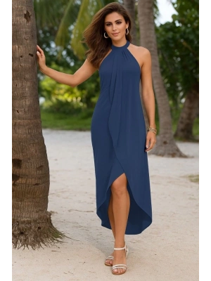 Kadın Omuzlardan Açık Boyundan Geçmeli Asimetrik Kesim Detaylı Viskon Elbise