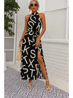 Kadın Omuzlardan Açık Halter Yakalı Yırtmaçlı çiçek Desenli Süprem Elbise