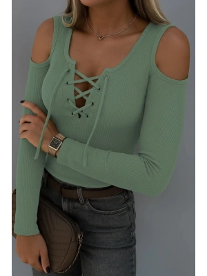 Kadın Omuzlardan Açık Uzun Kollu Bağcıklı Kaşkorse Bluz