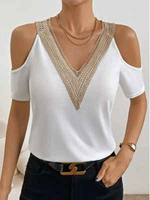 Kadın Omuzlardan Açık V Yakalı Viskon Bluz