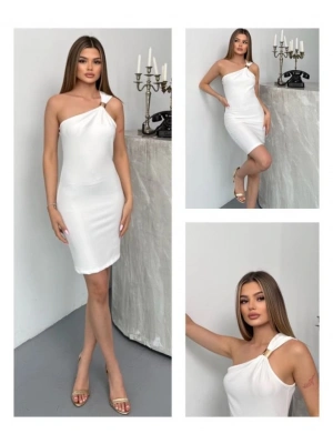 Kadın Ottoman Kumaş Tek Omuz Askılı Toka Detaylı Mini Boy Elbise