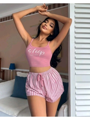 Kadın pembe çizgili desen Askılı Şortlu Pijama Takım 5002