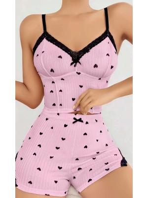 Kadın Pembe Kalp Desenli Askılı Şortlu Pijama Takım 5013