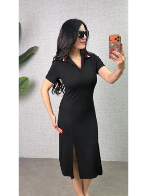 Kadın Polo Yaka çift Yırtmaç Detay Modal Kumaş Midi Boy Elbise