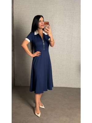 Kadın Polo Yaka Fermuar Detaylı Modal Midi Elbise