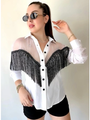 Kadın Püskül Detay Poplin Gömlek Bluz Fırsat Ürün