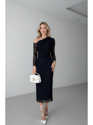 Kadın Sade Siyah Vintage Tek Omuz Elbise