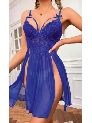 Kadın Saks Mavisi Fantezi Gecelik Tül Göğüs Dantel Dekolteli Fiyok detaylı Yırtmaçlı 2106