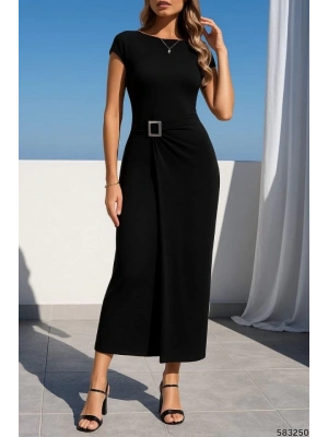 Kadın Sandy Kumaş Metal Toka Detaylı Midi Boy Elbise