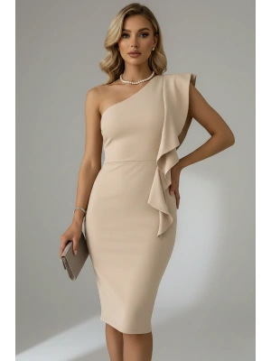 Kadın Scuba Kumaş Tek Omuz Volanlı Elbise