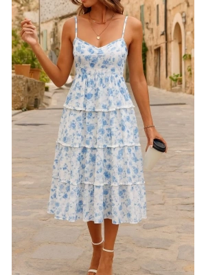 Kadın Sıfır Kol Askılı Dekolteli Yırtmaç Detay çiçek Baskılı Süprem Midi Elbise