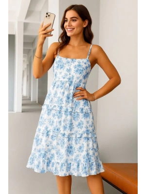 Kadın Sıfır Kol Askılı Dekolteli Yırtmaç Detay çiçek Baskılı Süprem Midi Elbise