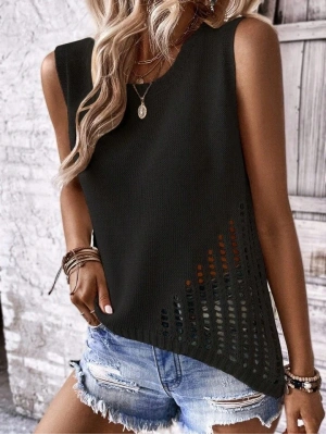 Kadın Sıfır Kol Bisiklet Yaka Yanları Ajur Detay Triko Bluz