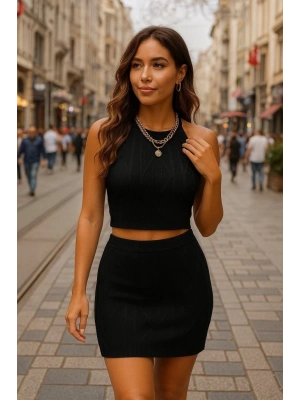 Kadın Sıfır Kol Crop Mini Etek Ikili Triko Takım