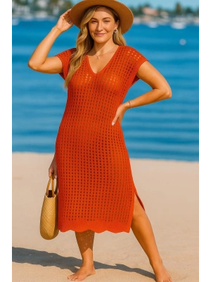 Kadın Sıfır Kol V Yaka Yanı Derin Yırtmaçlı Midi Boy Triko Elbise