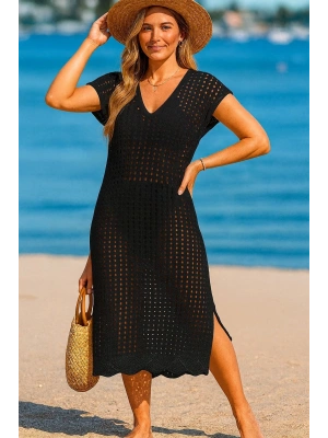 Kadın Sıfır Kol V Yaka Yanı Derin Yırtmaçlı Midi Boy Triko Elbise