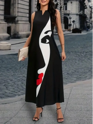 Kadın Sıfır Kol V Yakalı Kadın Yüz Desenli Süprem Elbise