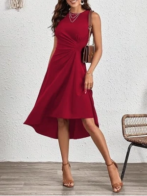 Kadın Sıfır Kollu Bisiklet Yaka Büzgülü Asimetrik Kesim Detaylı Janjan Krep Elbise