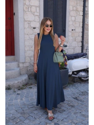 Kadın Sıfır Kollu Bisiklet Yaka Viskon Elbise