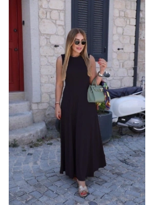 Kadın Sıfır Kollu Bisiklet Yaka Viskon Elbise