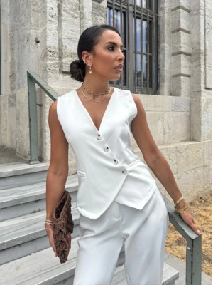 Kadın Sıfır Kollu çapraz V Yakalı önden Düğmeli Atlas Yelek Ve Pantolon Ikili Takım