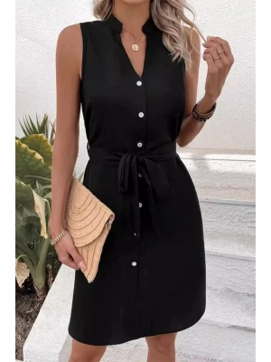 Kadın Sıfır Kollu Hakim Yaka önden Düğmeli Belden Kuşaklı Ithal Keten Elbise