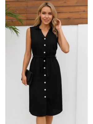 Kadın Sıfır Kollu Hakim Yaka önden Düğmeli Belden Kuşaklı Ithal Keten Elbise