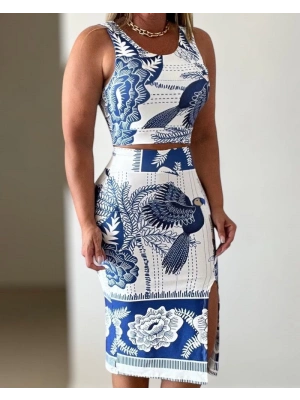 Kadın Sıfır Kollu Yuvarlak Yaka çiçekli Desenli Süprem Crop Ve Yırtmaçlı Etek Ikili Takım