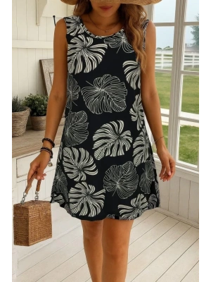 Kadın Sıfır Kollu Yuvarlak Yaka Desenli Süprem Elbise