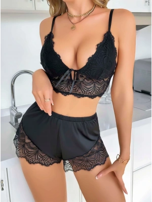 Kadın Siyah Dantel Detaylı Şortlu Pijama Takımı 5054
