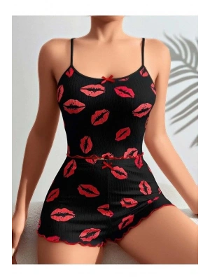 Kadın Siyah Dudak Desenli Şortlu Pijama Takımı 5057
